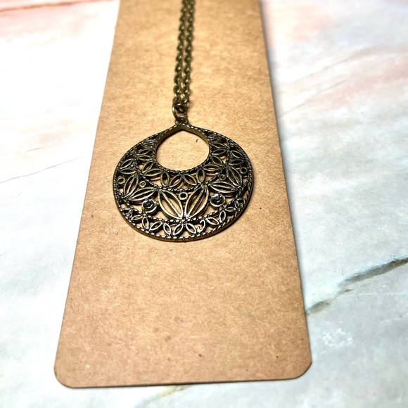 5/$20 Boho Brass filigree necklace, with small crystal detail, gently worn - Picture 5 of 6